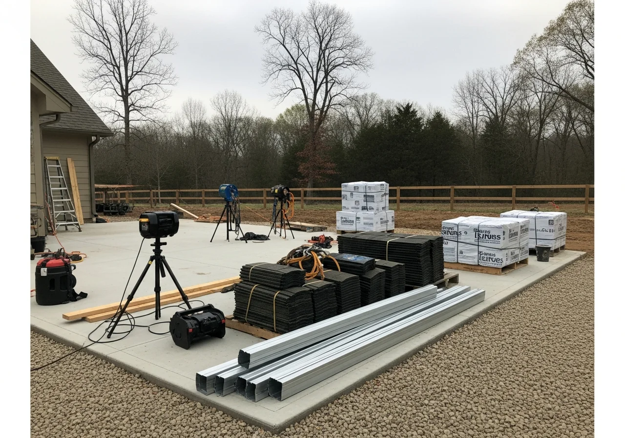 Roofing crew equipment and tools staged on a residential job site, ready for installation work.