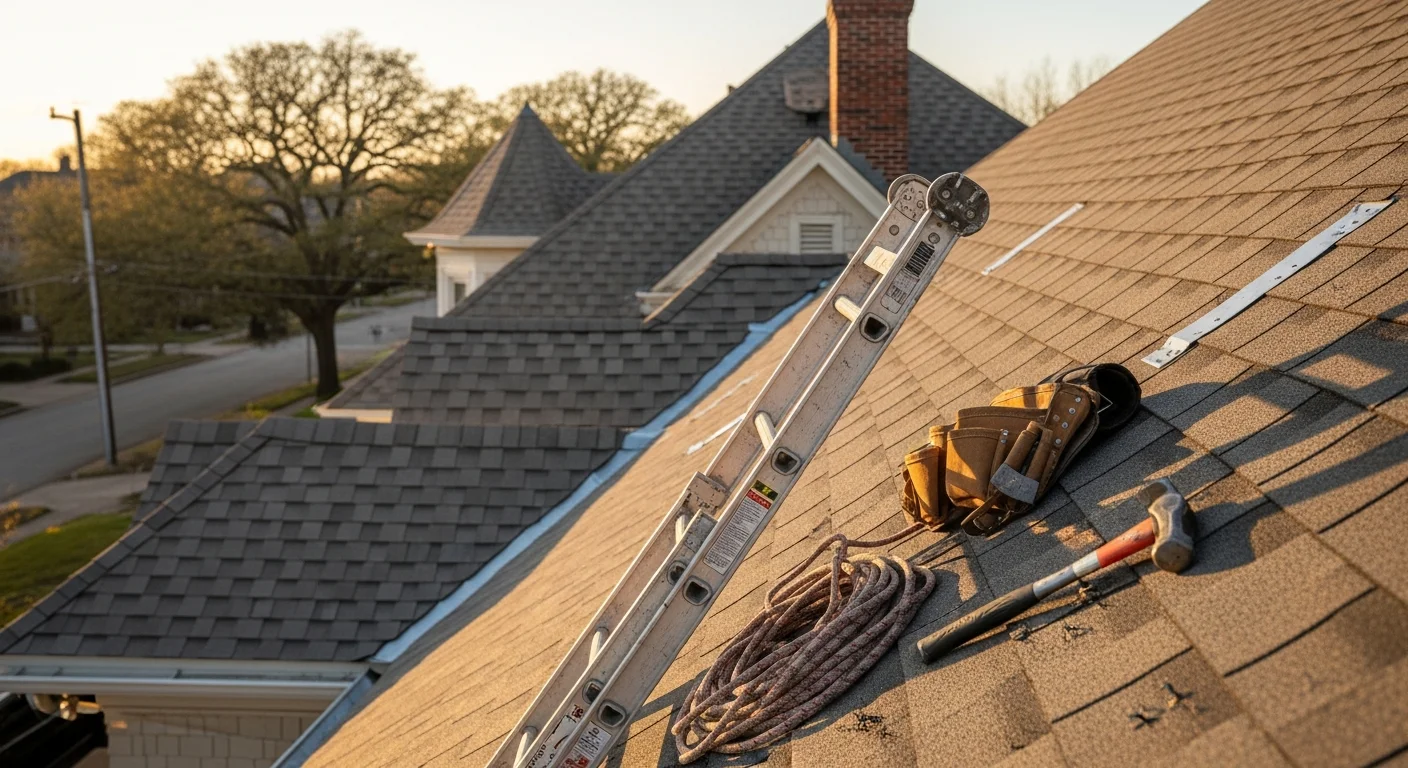 Professional roofer installing new shingle roofing on residential home