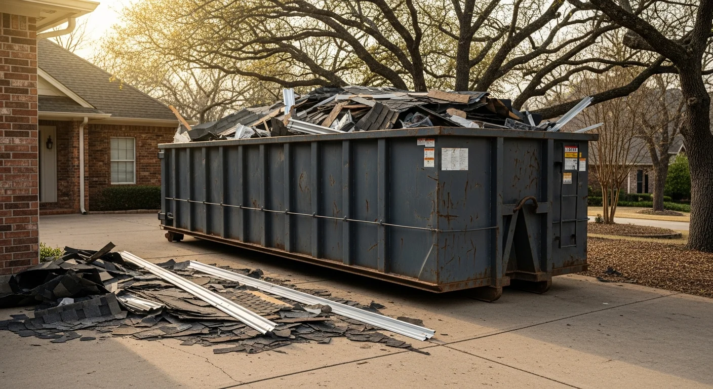 Roll-off dumpster positioned in residential driveway