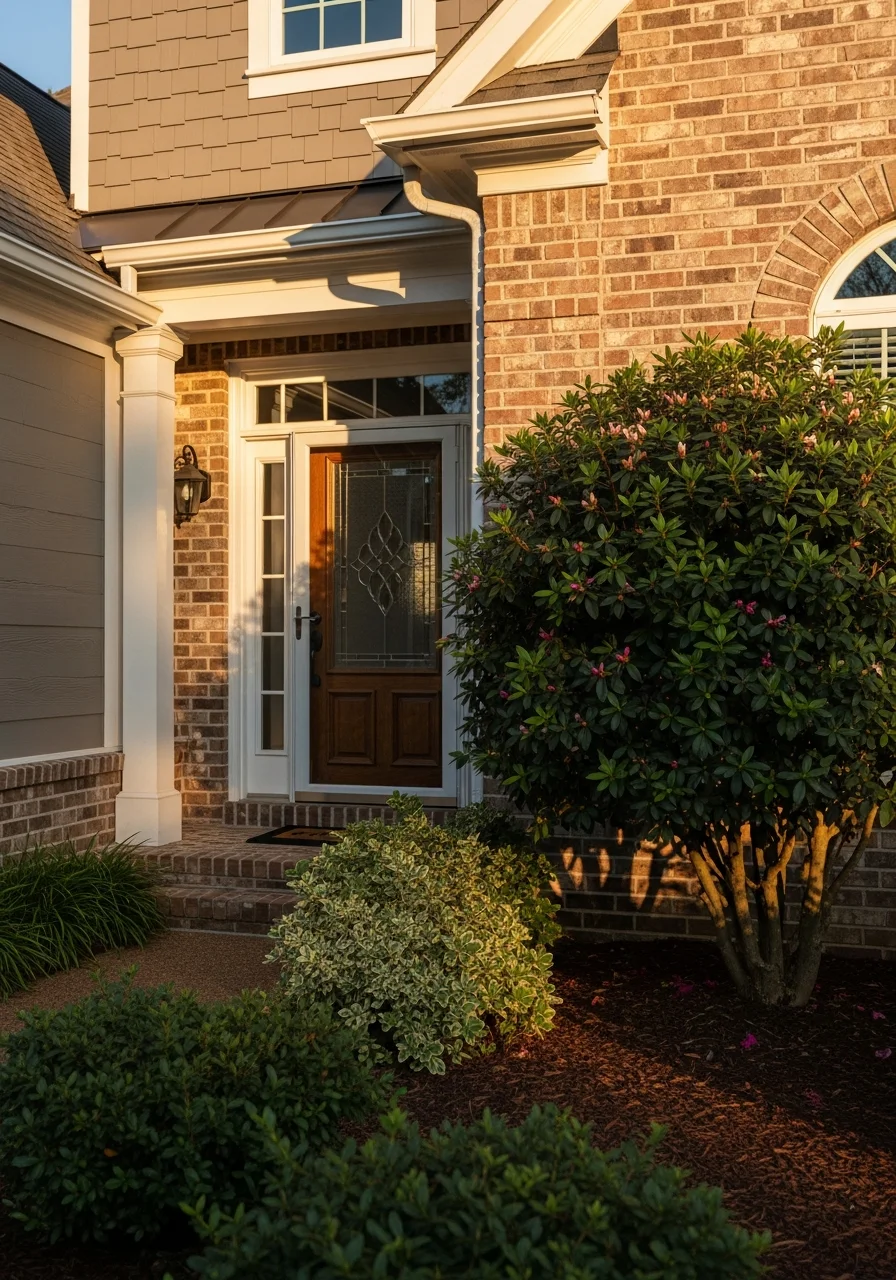 Close-up of a Fort Smith home's front entrance with landscaping and architectural detail.