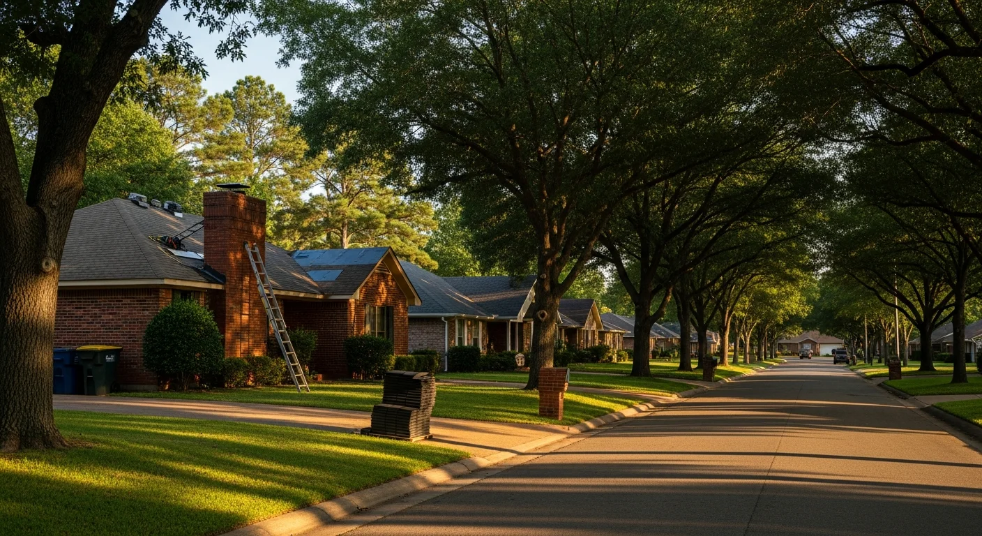 Fort Smith residential neighborhood with mature trees and brick homes along a quiet street.