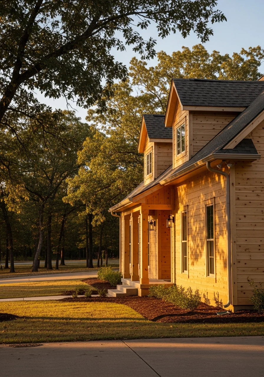 Pocola home exterior showing entrance and surrounding landscape with trees and natural terrain.