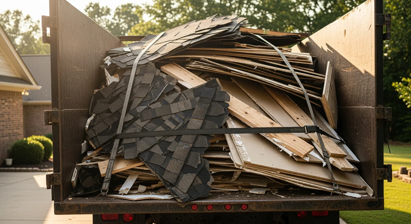 A cleared Fort Smith residential property after a roofing project, with no shingles or lumber scraps remaining on the driveway or lawn. A Taylor Way Roofing truck is loaded with bagged tear-off debris ready for transport to a Sebastian County disposal site.