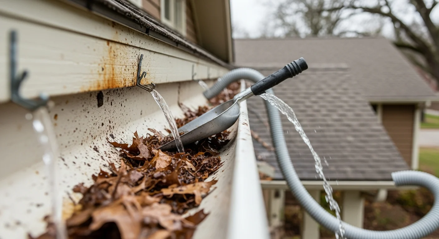 A Taylor Way Roofing crew member removing packed leaves and debris from a residential gutter on a Fort Smith, AR home. The cleaned gutter trough and cleared downspout are visible against the home's roofline.