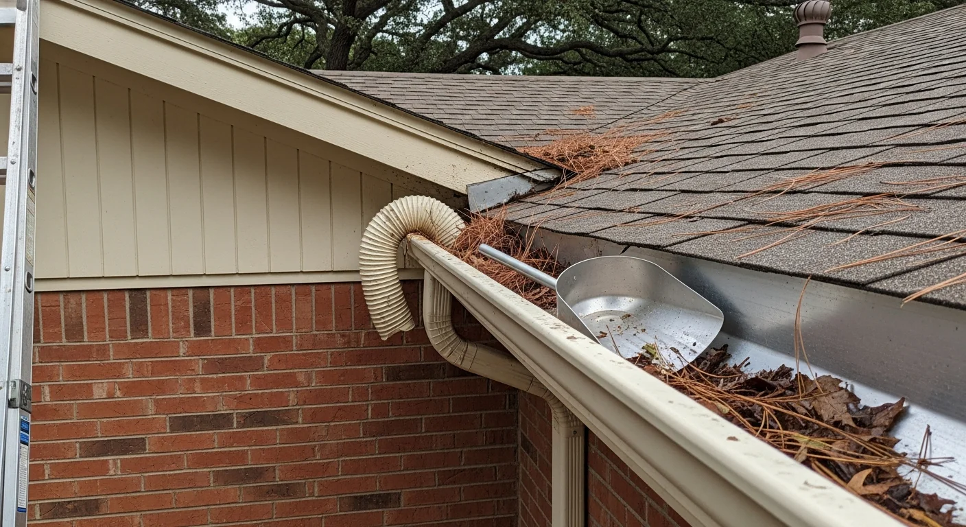A Taylor Way Roofing technician clearing packed leaf debris and storm sediment from a residential gutter trough on a Fort Smith home. The downspout and fascia board are visible, showing a clean and properly pitched gutter system after service.
