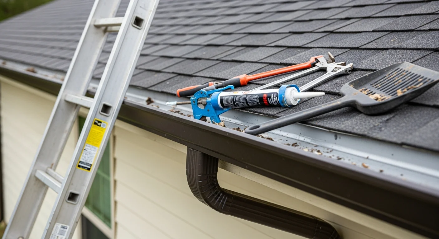 A Taylor Way Roofing technician repairing a sagging gutter section on a residential home in Fort Smith, AR. The image shows the gutter being re-secured to the fascia board with new hangers after storm damage.