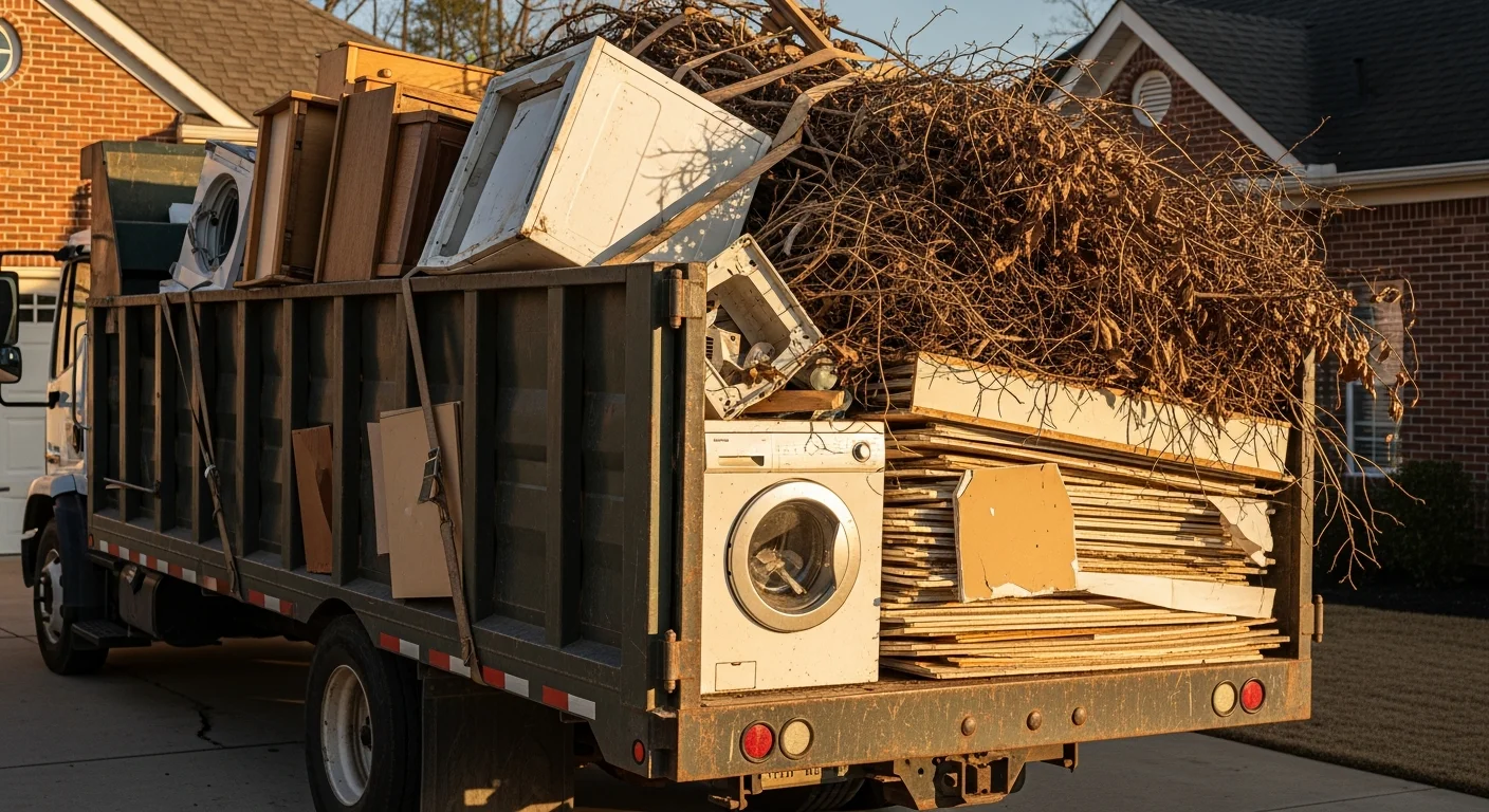 A Fort Smith, AR residential property with a cleared garage and driveway after a full junk removal cleanout. Old furniture and debris have been loaded onto a truck by a Taylor Way Roofing crew.