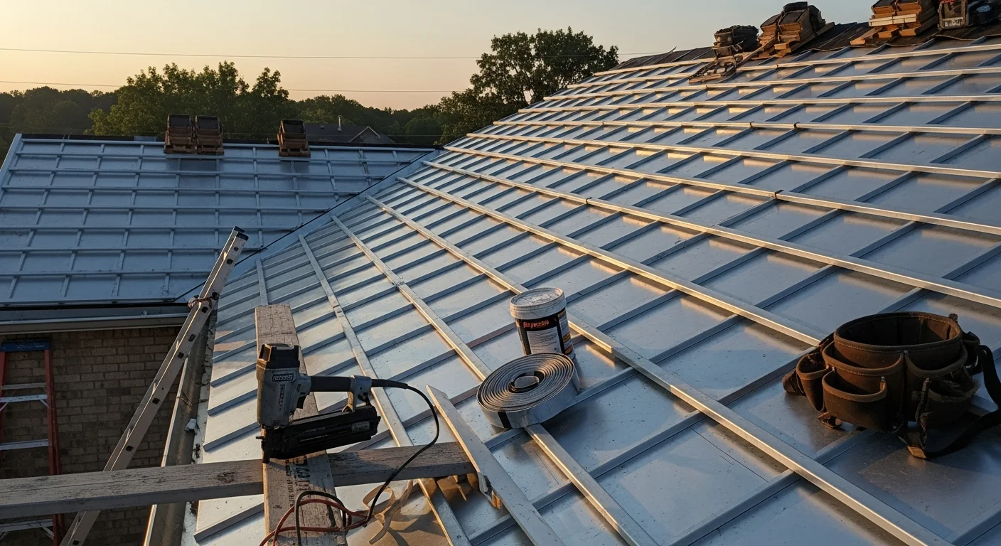 A completed metal roofing installation on a residential home in Fort Smith, Arkansas, showing clean panel lines and finished ridge and edge flashing. The roof is viewed from street level against a clear sky, with the home's exterior visible below the roofline.