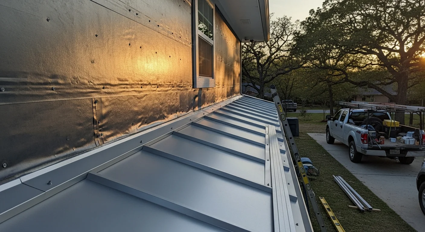 Metal siding panels installed on a residential home exterior in Fort Smith, Arkansas, showing clean horizontal lines and a finished wall surface. The installation reflects work suited to the area's warm-humid climate and storm exposure.