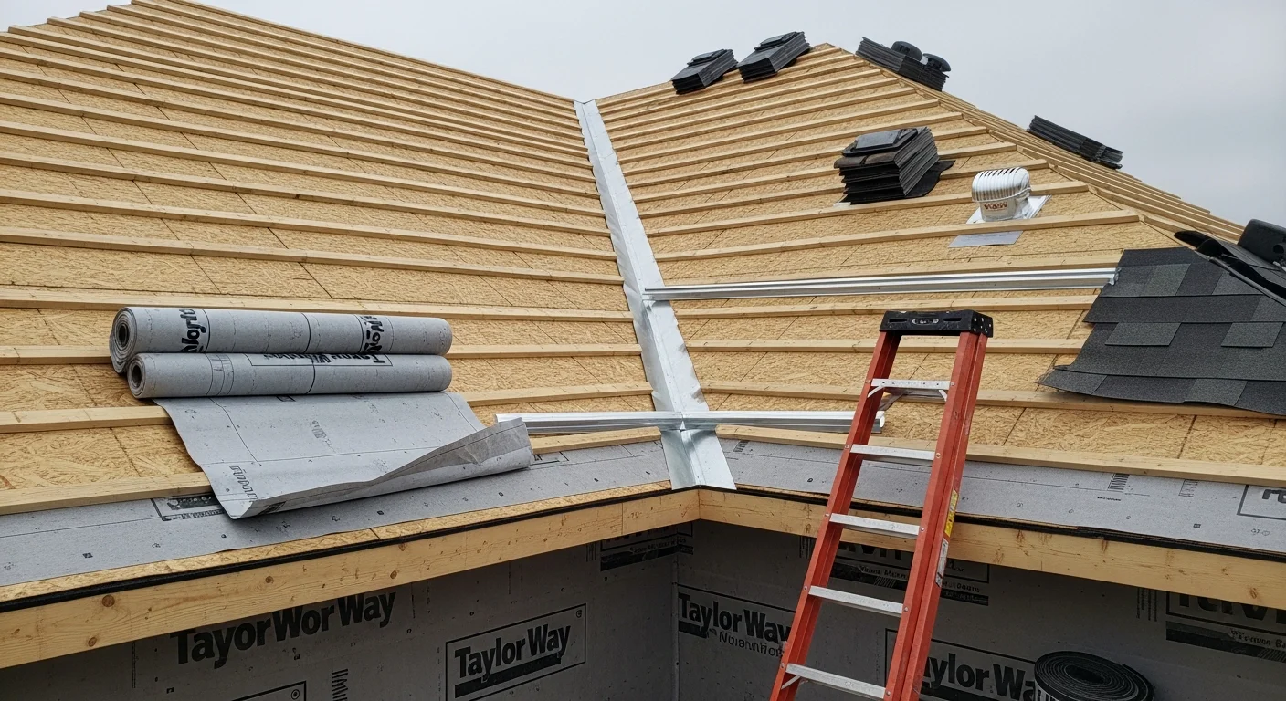 New construction roofing installation in progress on a residential home in Fort Smith, Arkansas. Roofing crew installs underlayment and shingles on a bare wood deck during an active build.