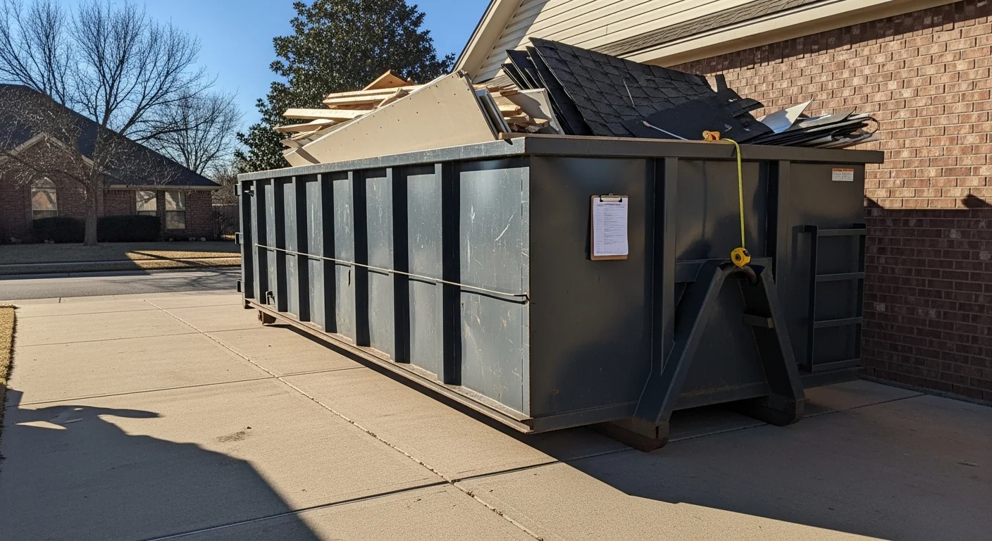 A roll-off dumpster placed in a residential driveway in Fort Smith, Arkansas, loaded with roofing shingles and construction debris from an active tear-off project. The container sits on a flat concrete surface with the surrounding yard kept clear of loose debris.