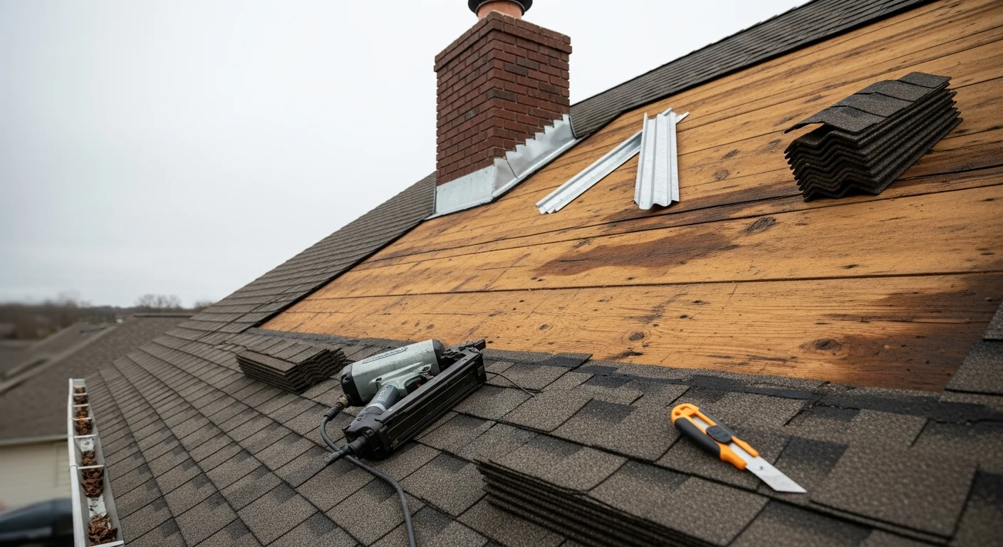 A Taylor Way Roofing crew repairing storm-damaged shingles on a residential roof in Fort Smith, Arkansas. Close-up view shows replaced flashing and patched shingle sections on a sloped roof under clear sky.