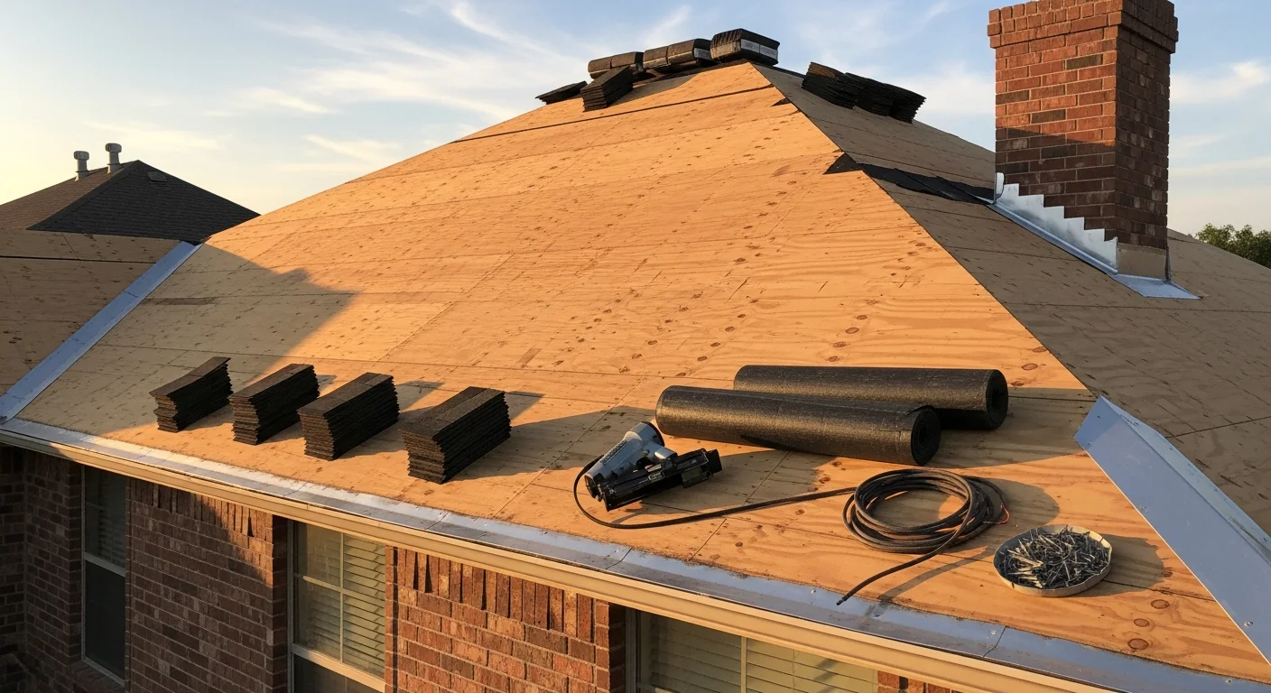 A Fort Smith, Arkansas home with a newly completed roof replacement showing fresh roofing material, clean ridge lines, and replaced flashing around the chimney. The surrounding neighborhood reflects the established residential character common across Sebastian County.