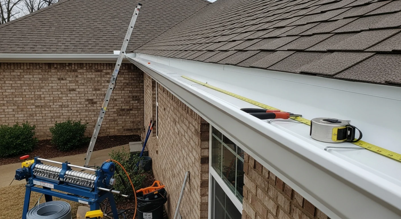 A Taylor Way Roofing crew member installing a continuous seamless gutter run along the roofline of a single-family home in Fort Smith, Arkansas. The finished gutter follows the full length of the fascia board with no visible seams or joints.