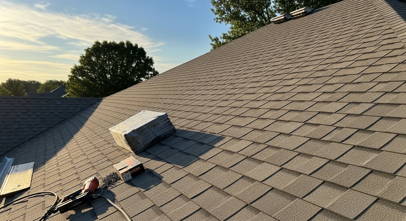 A completed shingle roofing installation on a residential home in Fort Smith, Arkansas, showing uniform shingle rows, clean ridge capping, and finished step flashing along a side wall. The surrounding yard reflects a typical Fort Smith neighborhood setting with mature trees and a clear sky following a storm season.