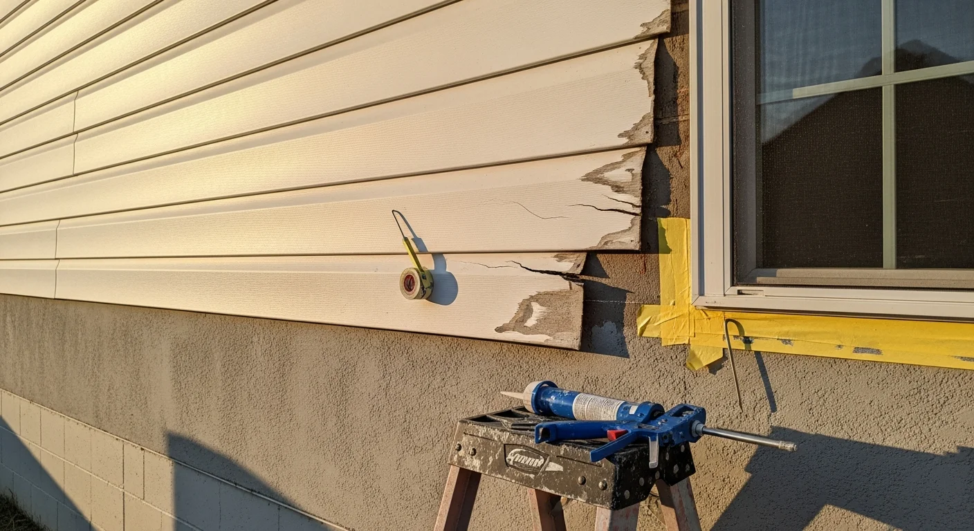 A Fort Smith residential home exterior showing freshly repaired siding panels with re-sealed seams and no visible cracking or buckling. The repaired section blends with the surrounding wall cladding on a single-story home.