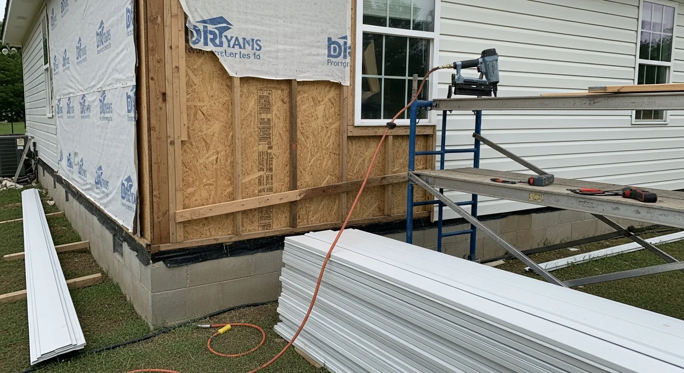 Freshly installed replacement siding on a single-story Fort Smith, AR home with clean panel lines and sealed window trim. The exterior shows no warping or gaps, with the wall fully covered against the Arkansas heat and weather.